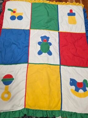 Vintage Judi-S Heirloom Collection Baby Blanket Bottle Rattle Red Yellow Blue